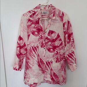 Tropical Pink Leaf Print Button-Down Shirt